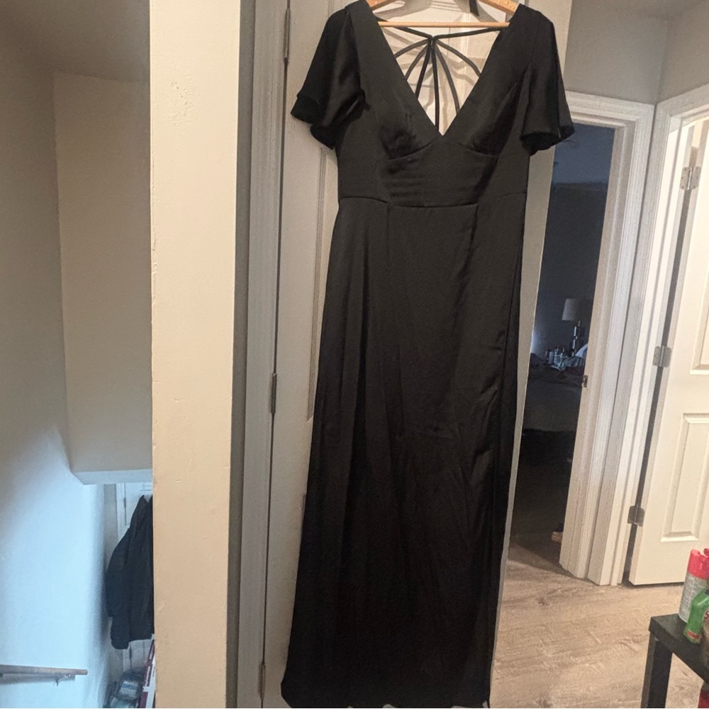 Azazie Black V-Neck Maxi Dress with Back Tie Detail
